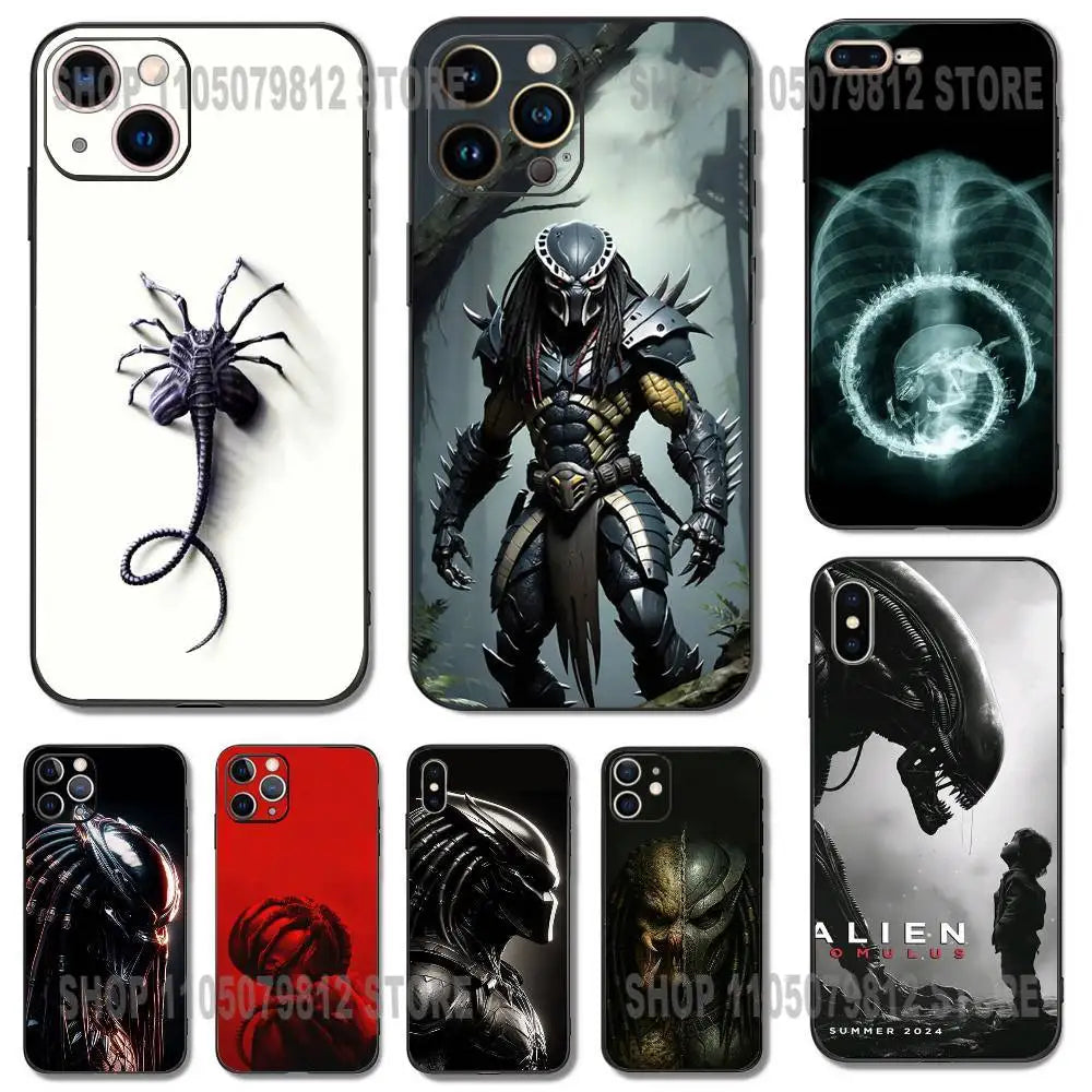 A-Alien Vs Predator Painted Phone Case For iPhone 17 16,15,14,13,12,11,Pro,XS,Max,XR,Plus,Mini Soft Silicone Black Shockproof