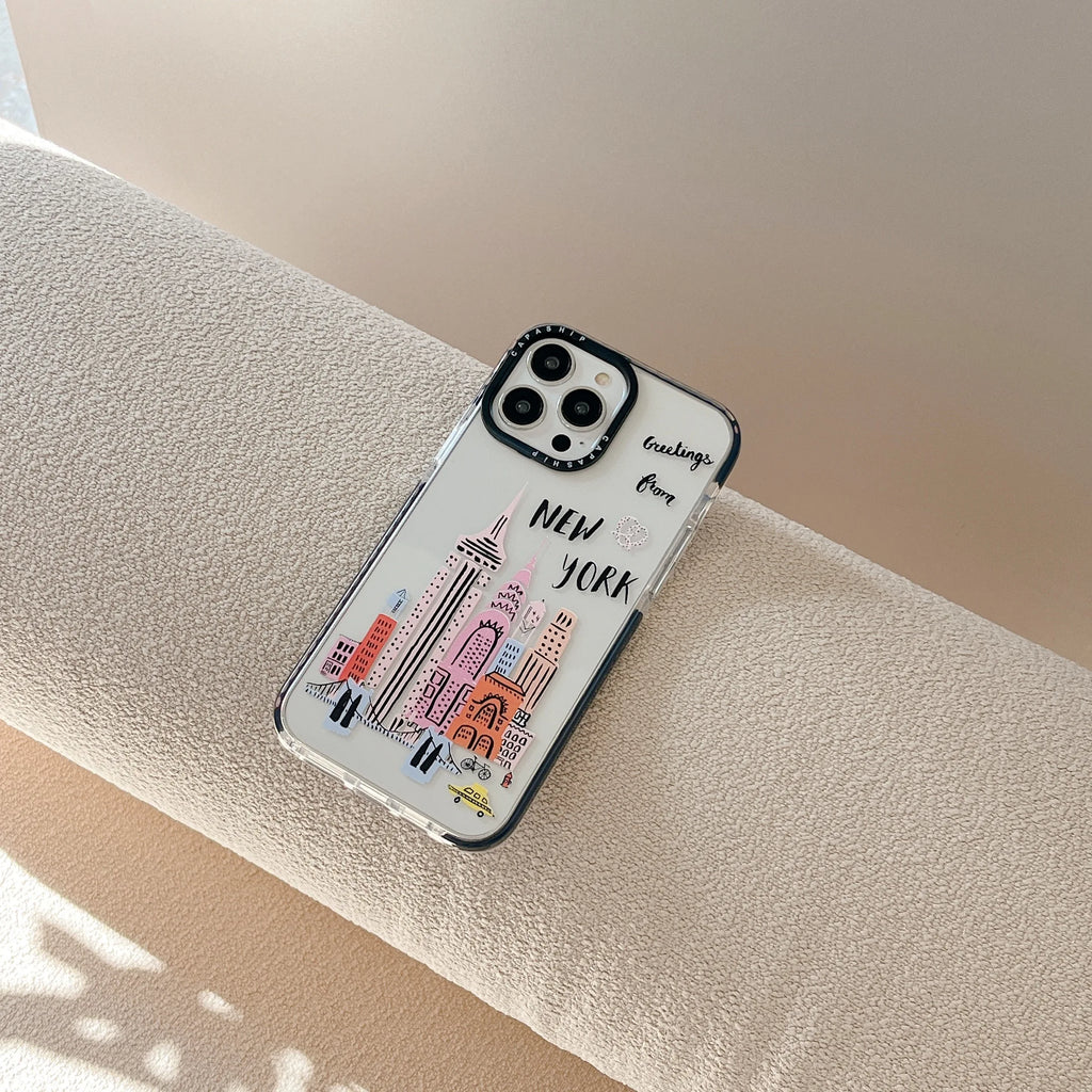 Paris London New York City Landmark building Cartoon Doodle Cover Case For iPhone 16 15 14 13 12 11 Pro Max 7 8 Plus Mini X XR