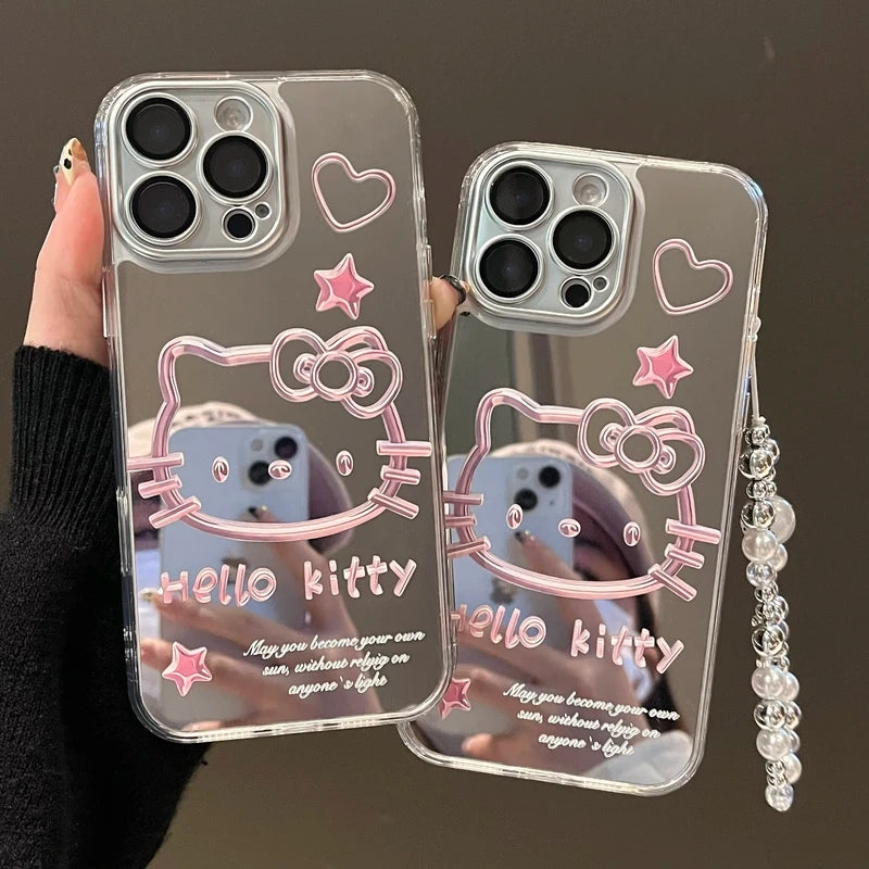 Cute Cartoon Sanrio Y2K Hello Kitty Silver Plating Phone Case For iPhone 16 15 14 13 12 11 Pro Max Cases Mirror Surface  Cover