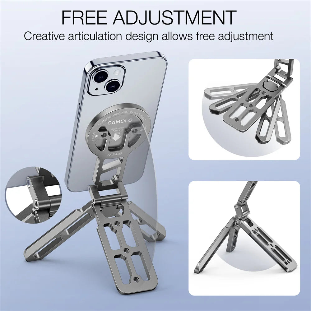 Foldable Magnetic Selfie Stick Tripod w Arca Plate 1/4-20 Cold Shoe Desktop Phone Tripod Mount for Magsafe Iphone 15 14 Samsung