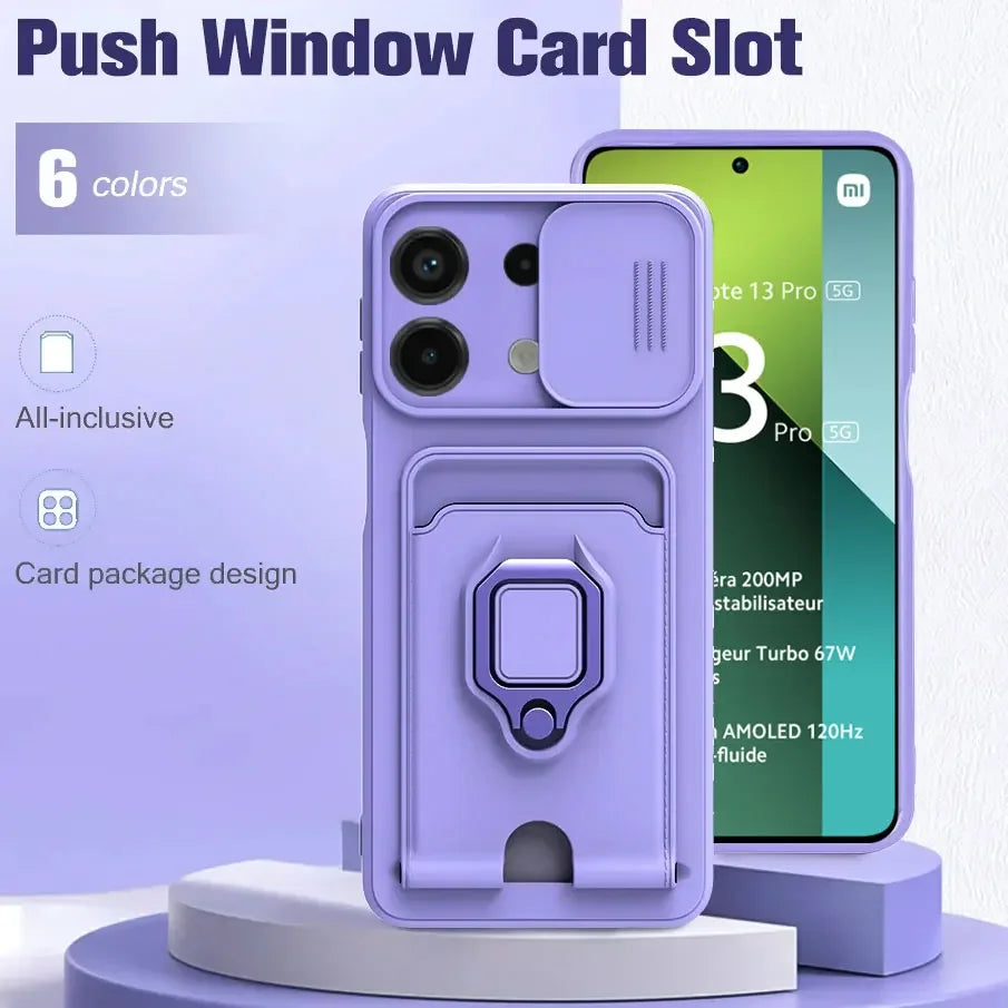 Slide Camera Ring Holder Case For Xiaomi Redmi Note 13 Pro 12 11S 10S 10 11 Pro Plus Redmi 13C 12C 12 10C 10A 10 Silicone Cover