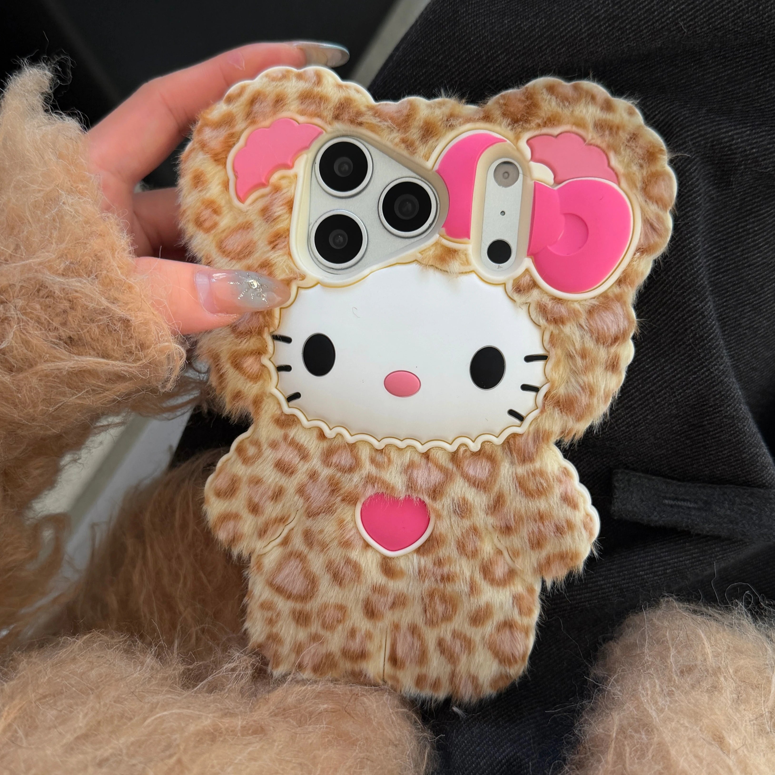 Cute Fluffy Leopard Print Hello Kitty Phone Case For iPhone 17 16 15 14 13 12 Pro Max Plus 17 Pro Cartoon Plush Kitty Back Cover