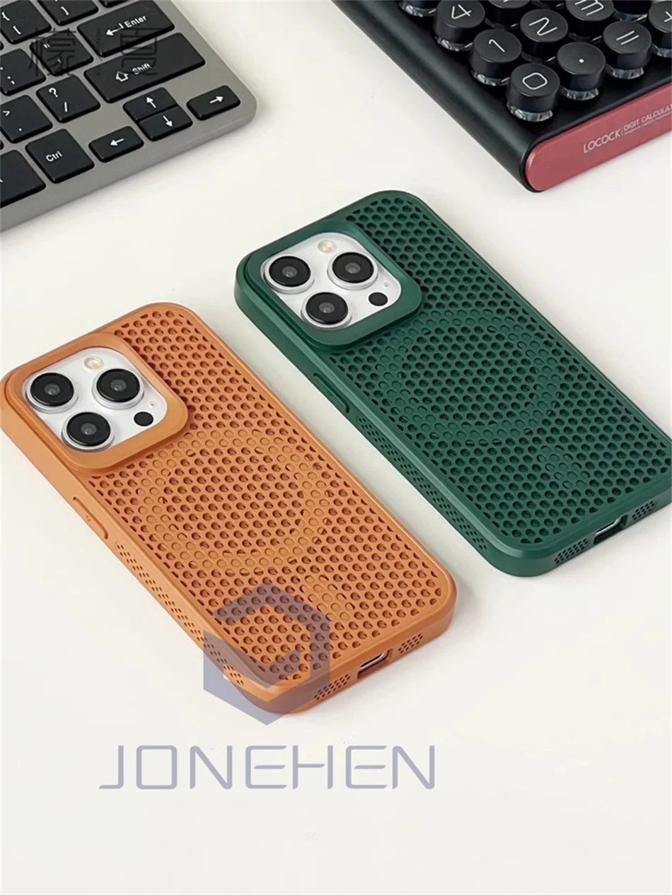 Heat Dissipation For Magsafe Magnetic Case For iPhone 16 15 14 13 12 17 Pro Max Luxury Cooling Breathable Wireless Charge Cover