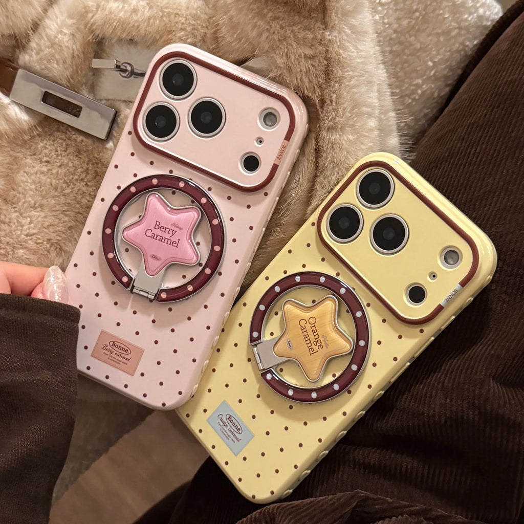 Korean Polka Dots Cartoon Bear Fold Stars Magnetic Bracket Phone Case For iPhone 17 16 15 14 13 12 Pro Max Shockproof Soft Cover