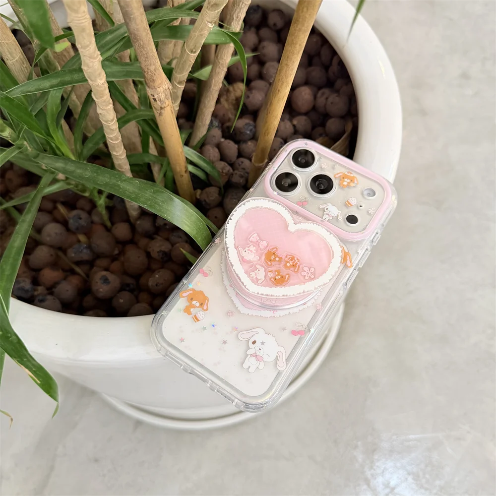 Korean Cherry Dessert Rabbit Magnetic Phone Case for iPhone 17 16 15 Pro 15 16 Pro Max Funda with Magsafe Shake Stand Cute Cover