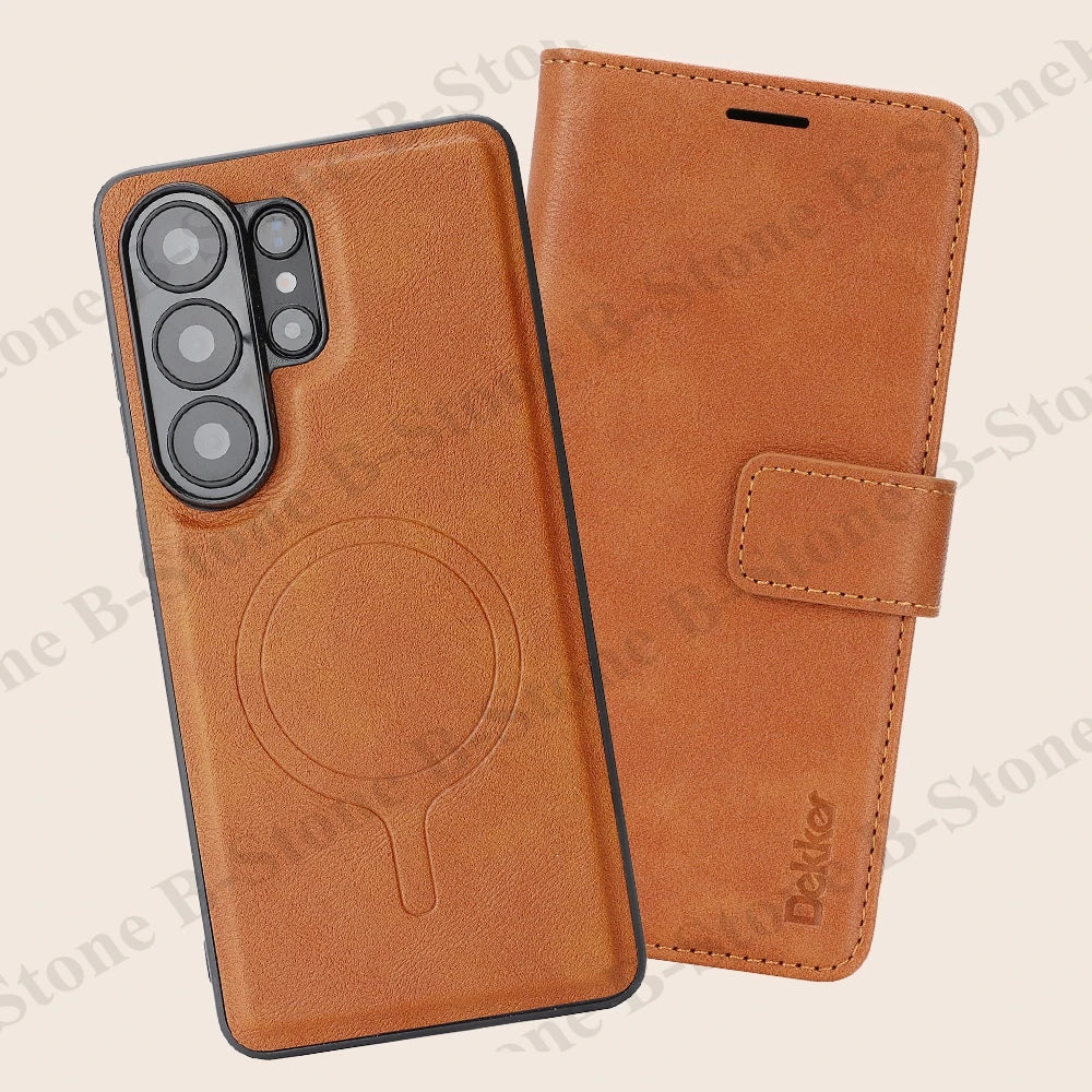 2 In 1 Leather Flip Case for Samsung Galaxy S26 Ultra 25 Plus S24 S23 S26U Wireless Charging Magnetic Cash Card Slots Phone Case