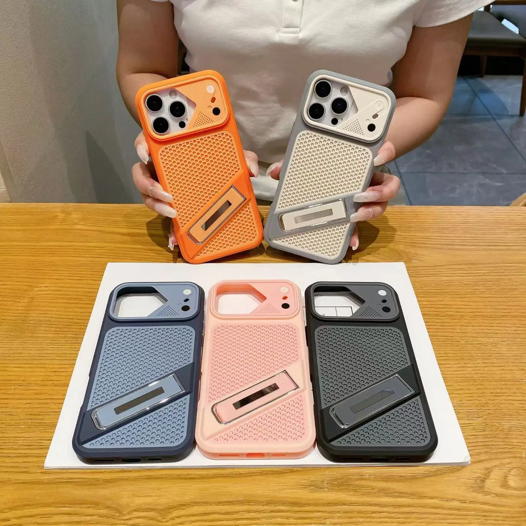 Honeycomb Cooling Phone Case For iPhone 12 13 14 15 16 17 Pro Max With Foldable Stand detachable lens Shockproof protective case