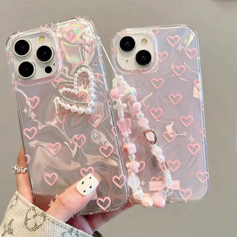 Trendy Pearl Love Heart Case For OPPO Reno 12 FS 12F 13F 13 10 11 Pro 11F 7 4G 6 5 Lite Find X3 Lite Star Chain Girl Phone Cover