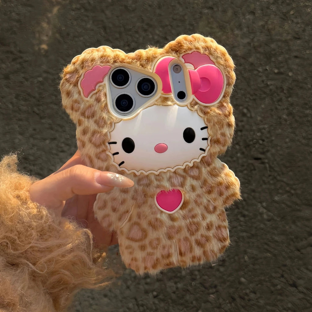 Cute Fluffy Leopard Print Hello Kitty Phone Case For iPhone 17 16 15 14 13 12 Pro Max Plus 17 Pro Cartoon Plush Kitty Back Cover