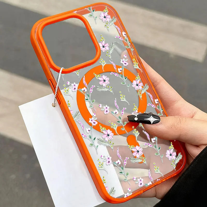 Magnetic Phone Case For iPhone 11 12 13 14 15 16 17 Pro Max Plus Air Flowers Pattern Design Transparent Shockproof Bumper Cover