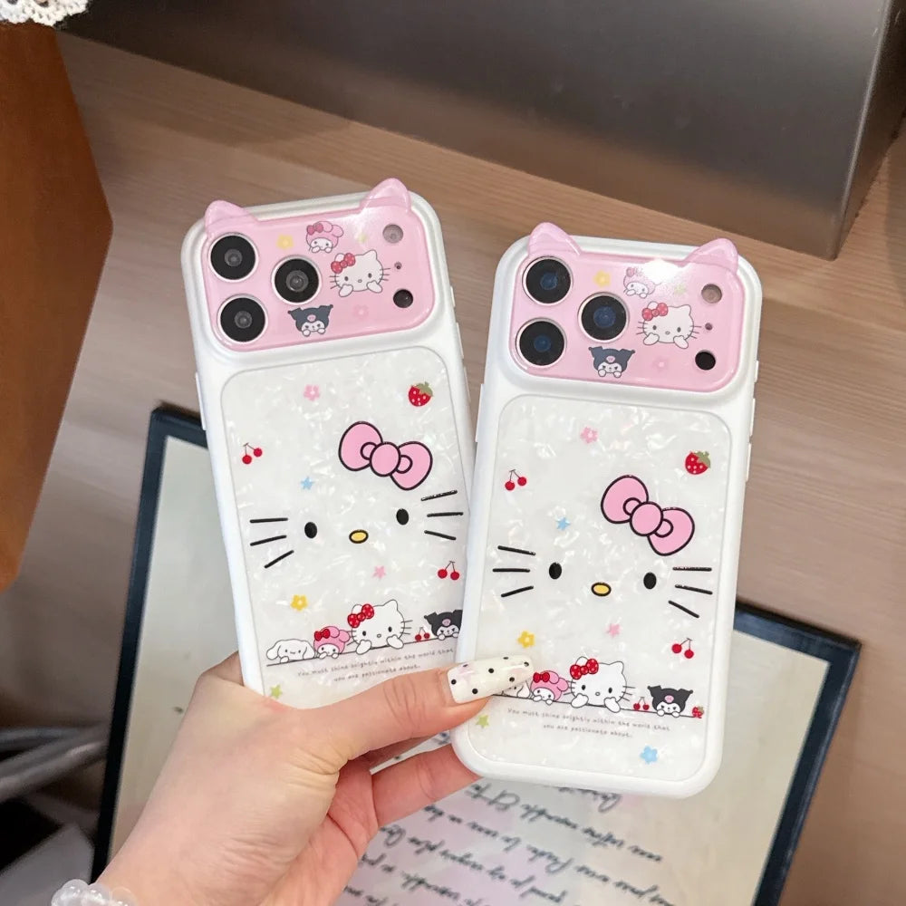 Cartoon Cat Ear Cute Sanrio KT Shockproof Phone Case For iphone 17 Pro 16 15 Pro Max Luxury Lens Protective Acrylic Back Cover