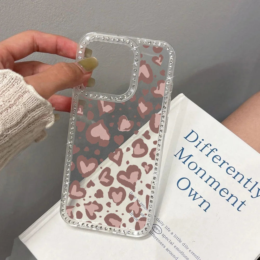 Heart-Shaped Leopard Print Phone Case For iPhone 16 Pro Max 17 Pro 13 16 14 15 17 12 Air 11 Shockproof Funda Cover Transparent
