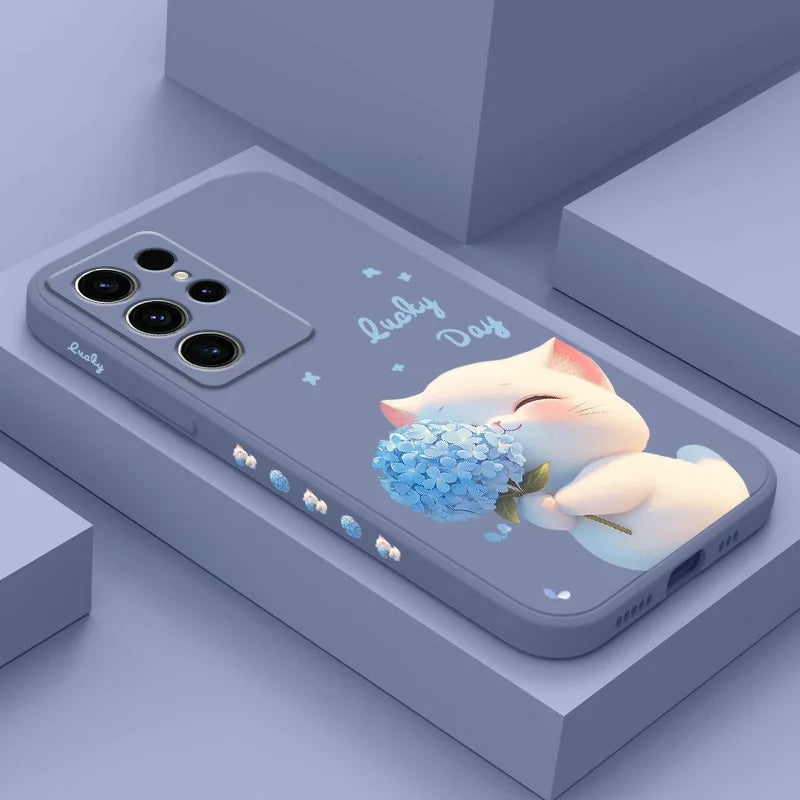 Blue Silk Cat Phone Case For Samsung Galaxy S26 Plus Ultra Silicone Cover