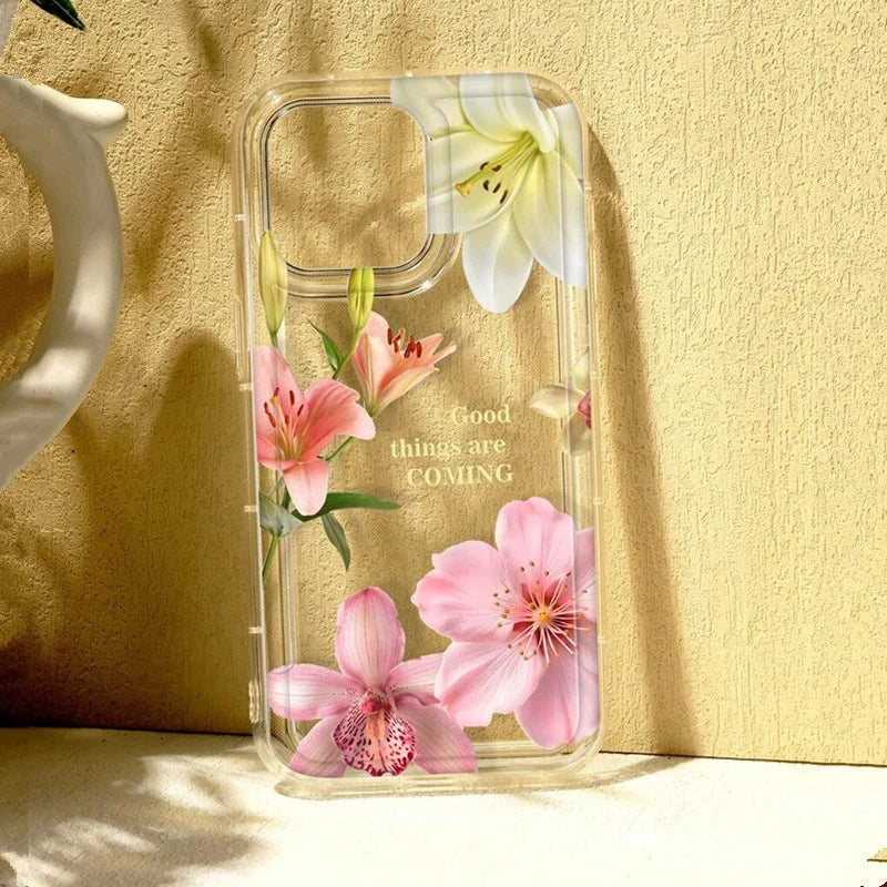Flower Lily Hibiscue Print Clear Phone Case for Iphone 16 15 14 13 12 11 17 Pro Max Mini 16E 7 8 Plus Vintage Floral Soft 2030