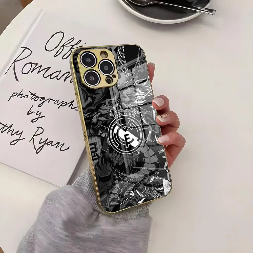 Well-known M-madrid Soccer Club Phone Case Luxury Brief Golden Case For IPhone16 15 14 Plus 13 11 12 Pro Max Electroplating Cove