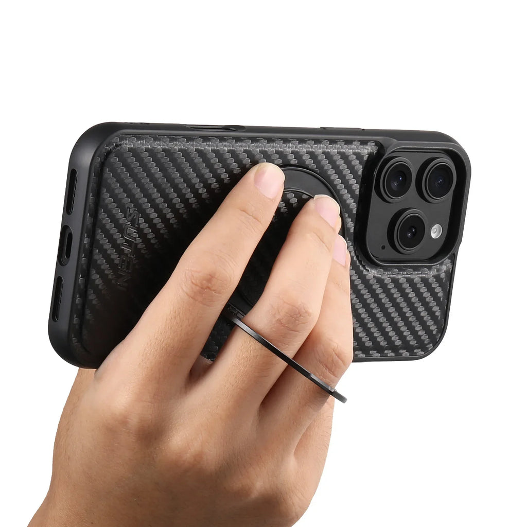 Magnetic Charging Bracket Ring Phone Case for iPhone 16 Pro Max 17 Air 15 Plus 14 13 12 Carbon Firber Texture Leather Back Cover