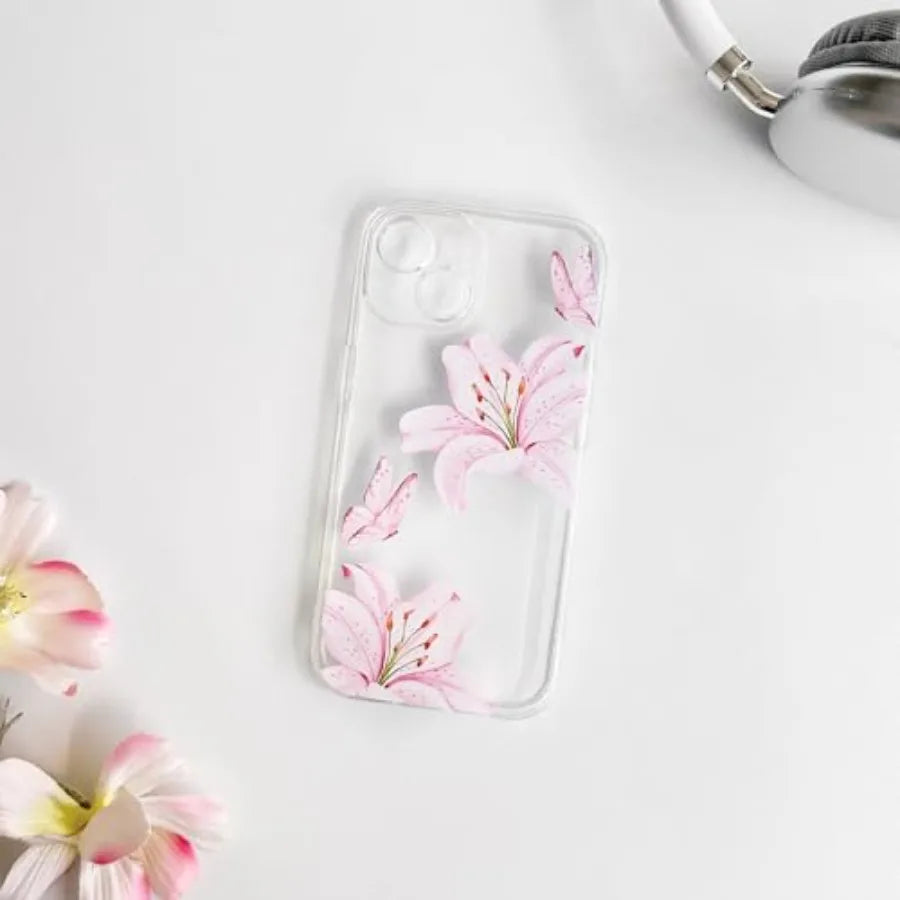 Compatible with iPhone 15 Case Clear Cute Butterfly Lily Flower Floral Pattern for Women Girls Full Camera Lens Clear Slim Shoc