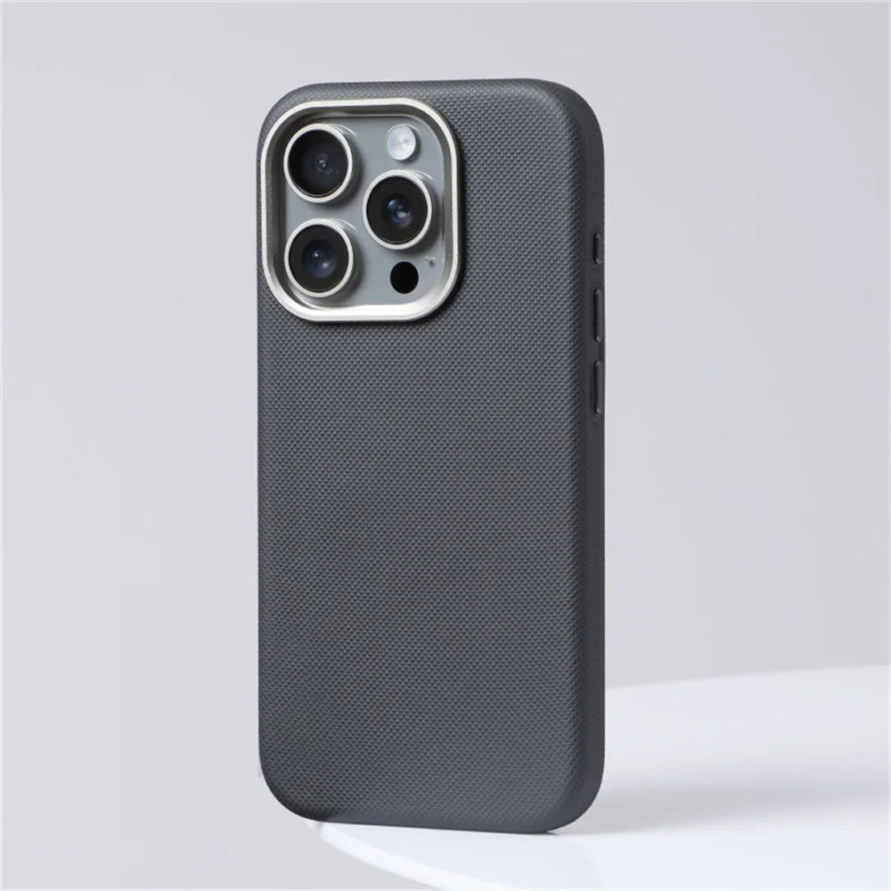 Luxury Diamonds Texture For Magsafe Leather Case For iPhone 17 13 14 15 16 Pro Max Alloy Len Wireless Charge Back Cover