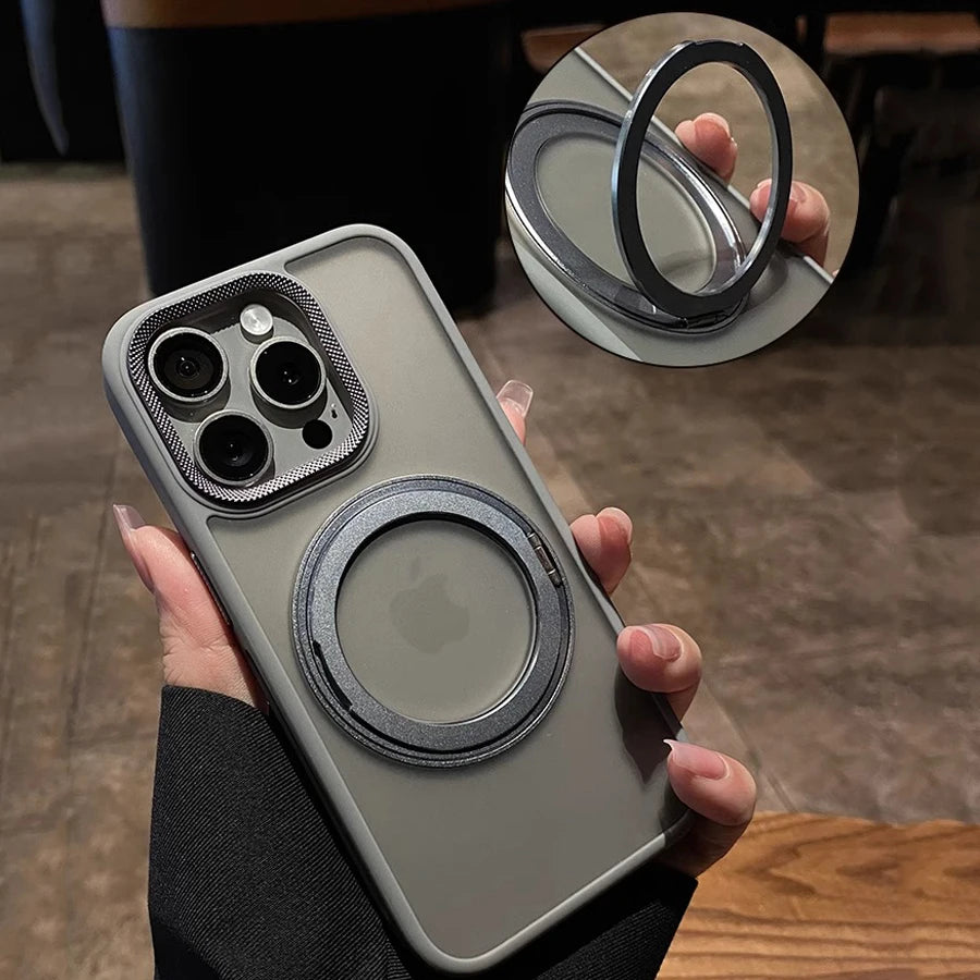 360° Rotate metal bracket magnetic charging phone case for iPhone 16 15 14 13 12 11 Pro Max Titanium gray magsafe hard cover