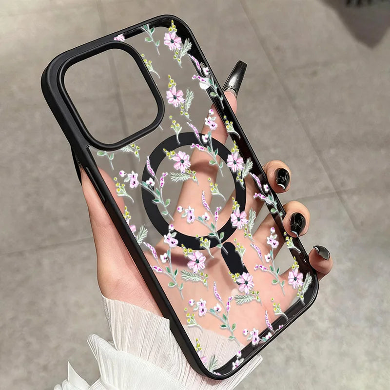 Magnetic Phone Case For iPhone 11 12 13 14 15 16 17 Pro Max Plus Air Flowers Pattern Design Transparent Shockproof Bumper Cover