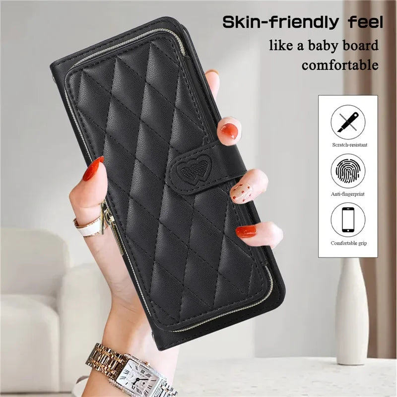 Crossbody Leather Zipper Wallet Card Phone Case for Samsung Galaxy Z Fold 7 6 5 4 3 5G Luxury Wrist Rope Flip Stand Cover Coque