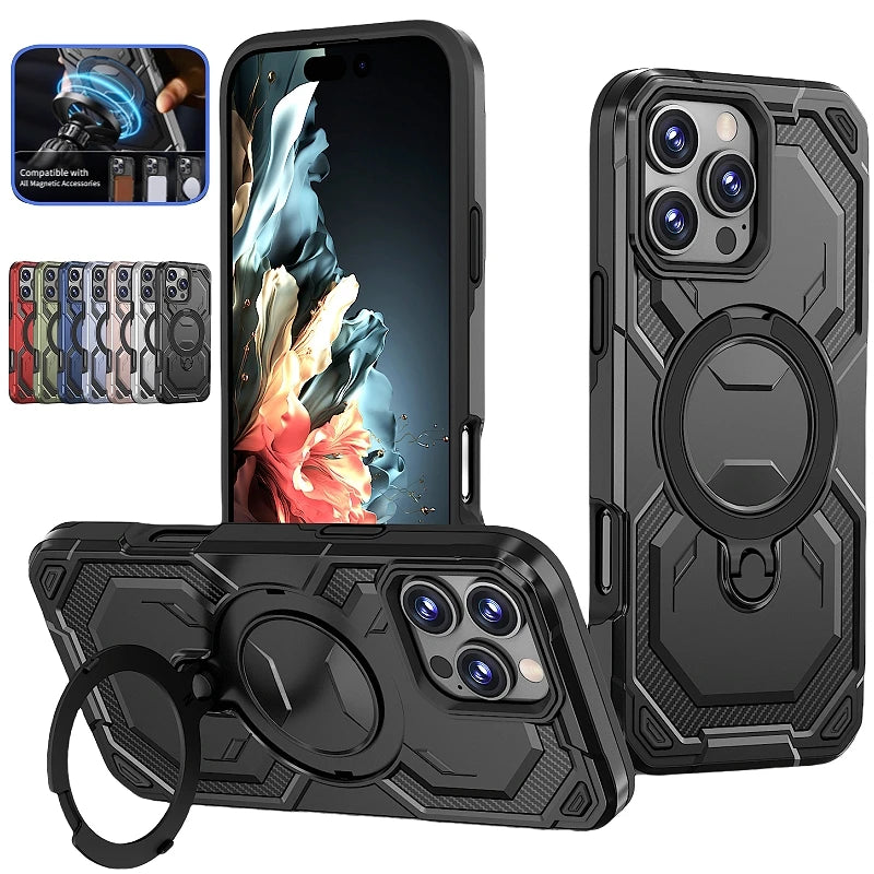 Luxury Magsafe Magnetic Wireless Charging Armor Phone Case For iPhone 16 15 14 13 12 11 Pro Max Plus 16E 16 E Ring Stand Cover