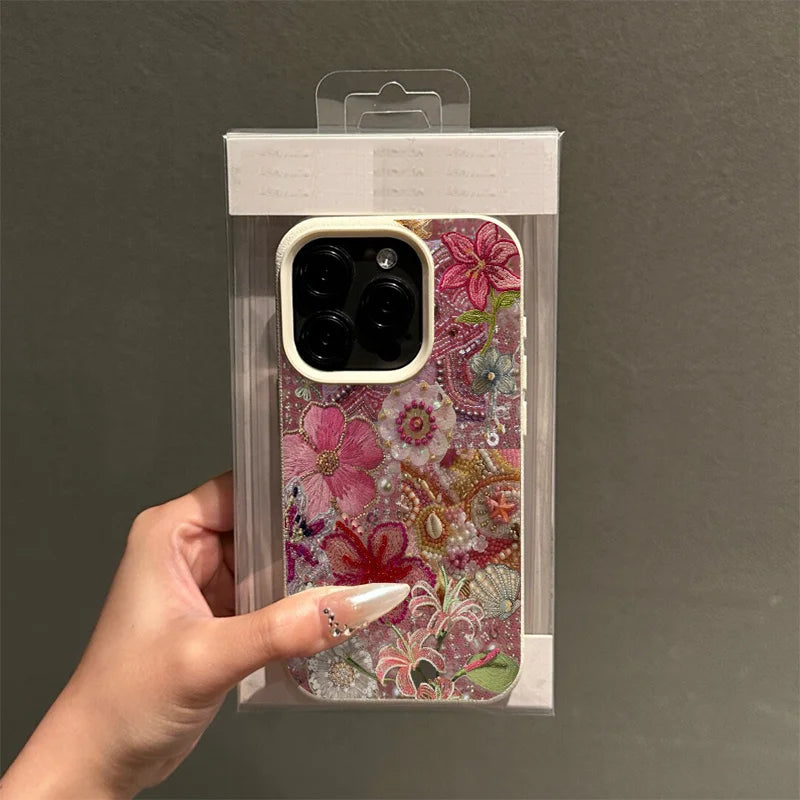 Floral Beaded Ocean Patchwork Phone Case for Samsung S26 S25 S24 S23 S22 S21 S20 Note20 Ultra Plus A73 A55 5G Silicone Cover