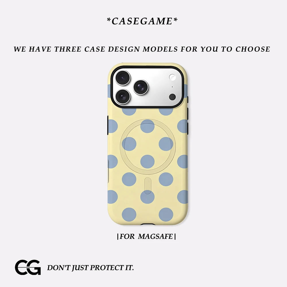 Casegame Matte Bumper for Magsafe Case for IPhone 17 16 15 14 Plus 13 Pro Max Shockproof Hard PC Yellow Blue Dots Cover