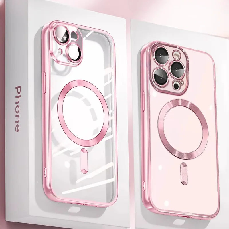 Luxury Plating Case For iPhone 16 15 14 11 13 12 Pro Max Wireless Clear Charge Magnetic Soft Cover Camera Lens Protector