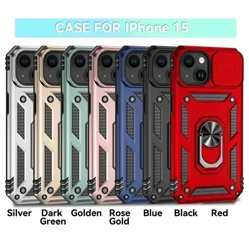 Ring Stand Rotating Slide Camera Lens Military Grade Armor Case for iPhone 17 air 16 14 13 12 11 15 Pro Max Plus 17e 16e Cover