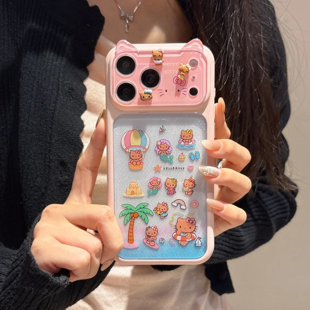 Cute 3D Cat Ears Beach Hello Kittty Lens Protection Phone Case For iPhone 17 Pro Max 16 15 Pro Max Shockproof Hard Acrylic Cover