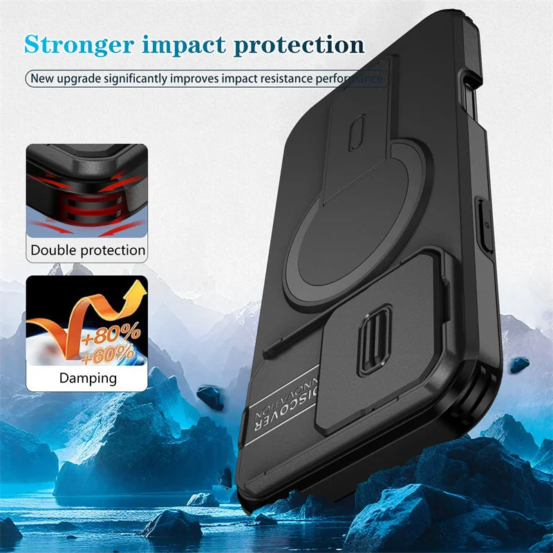 For Magsafe Magnetic Wireless Charging Case For iPhone 16 15 14 13 12 11 Pro Max Plus 16e Armor Stand Slide Lens Protector Cover
