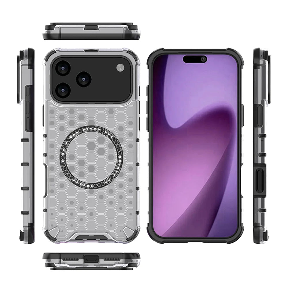 Luxury Clear Honeycomb Armour Magnetic Case for iPhone 17 Air 16 15 14 13 12 11 Pro Max 16E Shockproof Bumper Protective Cover