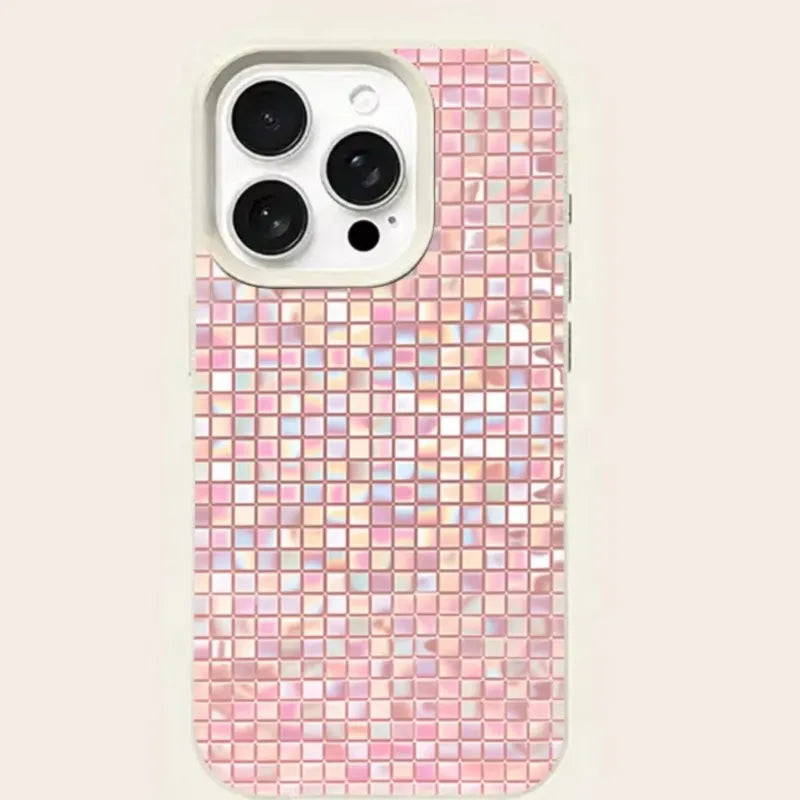 Shimmer Pink Iridescent Mosaic Grid Phone Case For iPhone 17 16 15 14 13 12 11 Pro Max Glitter Contrast Frame Cover For Ladies