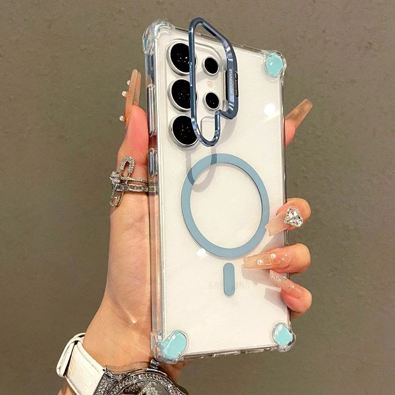 Luxury Transparent Case For Samsung Galaxy S25 S24 S23 S22 Ultra Plus A17 A56 A36 A16 A26 FE For Magsafe Magnetic Stand Cover
