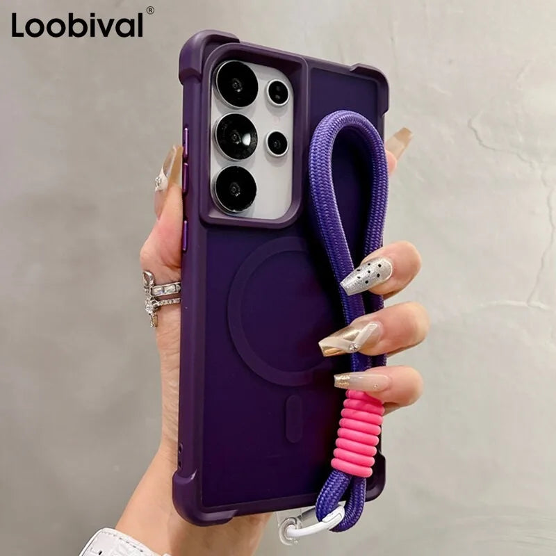 for Magsafe Airbag Protection Magnetic Case For Samsung Galaxy S23 S24 S25 S26 Ultra Plus Wrist Strap Lanyard Translucent Cover