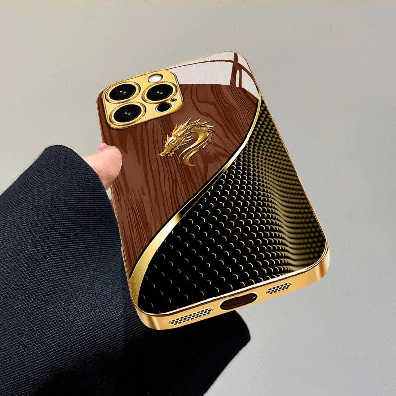 Luxury Textured Dragon Head Gold Metallic Paint Glass Phone Case For iPhone 17 Pro Max 11 12 13 14 15 16 Plus 17 Air 16E Cover