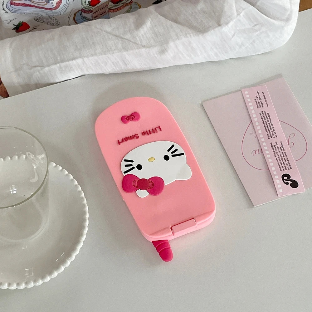 3D Cute Sanrio Hello Kitty Hide Makeup Mirror Flip Cover Phone Case For iPhone 17 16 15 14 13  Pro Max Soft Silicone Cover