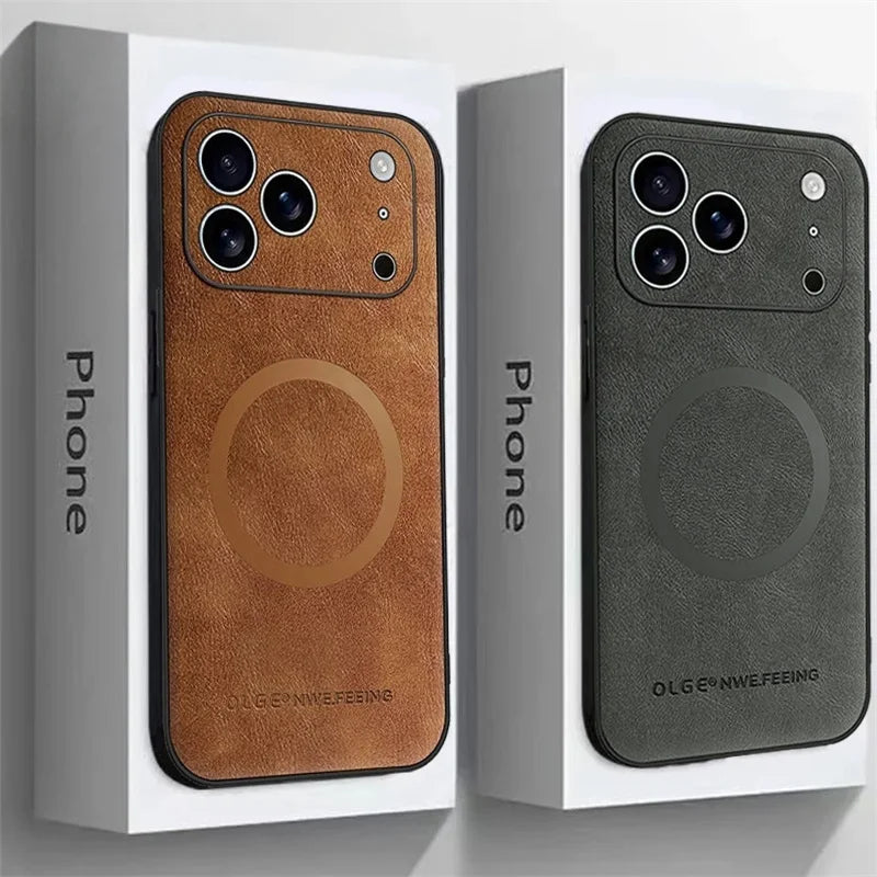Leather For Magesafe Phone Cases For iPhone 17 13 12 11 Pro Max 17 Air 16E Wireless Charging Case For iPhone 16 15 14 Plus Cover