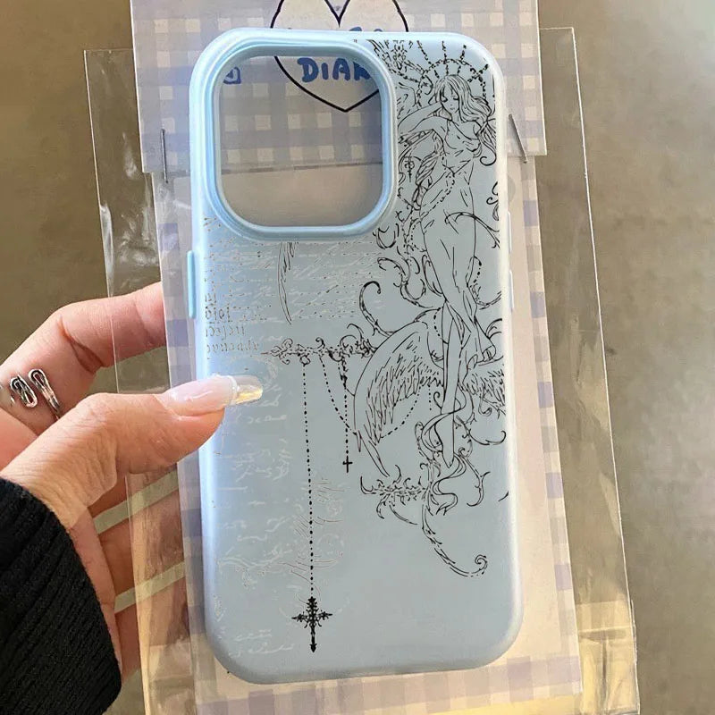 Gothic Style Angel Cross Line Drawing Phone Case For iPhone 11 12 13 14 15 16 17 Pro Max XS X XR 16E 17Pro 17Air 7 8 Plus Cover