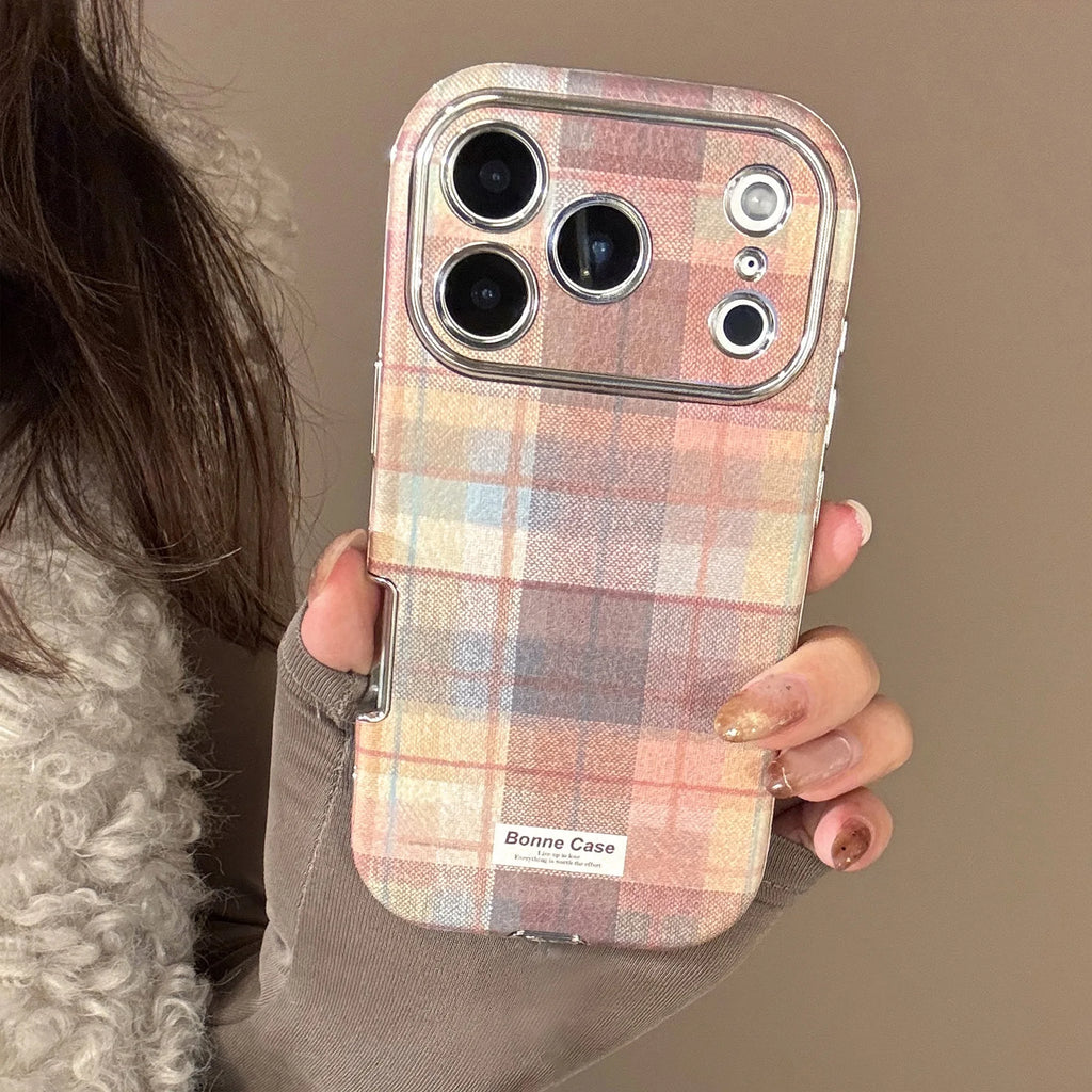 Korean Grid Pattern Cloth Texture Plating Phone Case With Stars Strap For iPhone 17 16 15 14 13 12 11 Pro Max Shockproof Cover