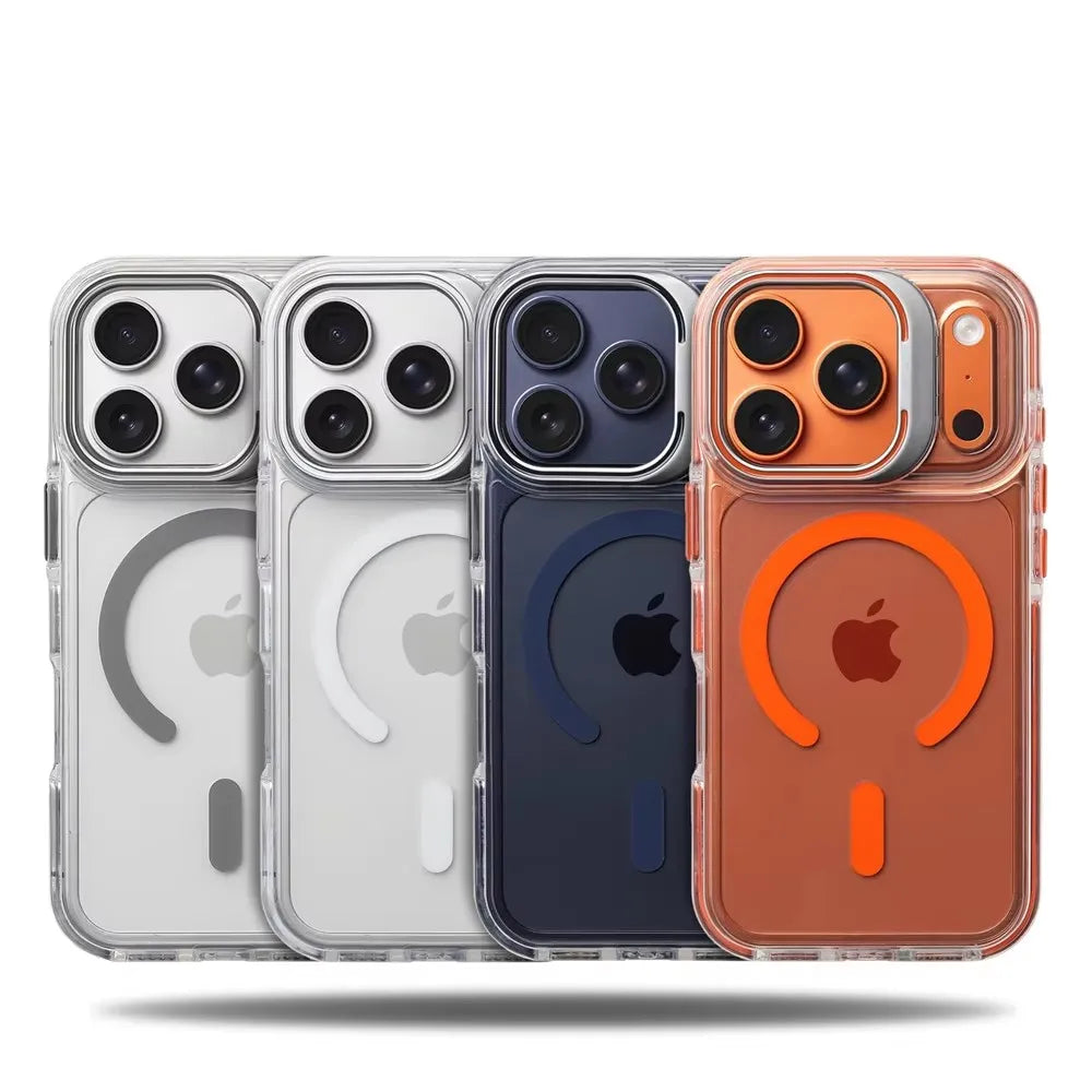 Luxury Magnetic Shockproof Clear Bumper Case for iPhone 17 Pro Max Air 16 15 14 13 12 Plus For Magsafe Lens Protect Stand Cover