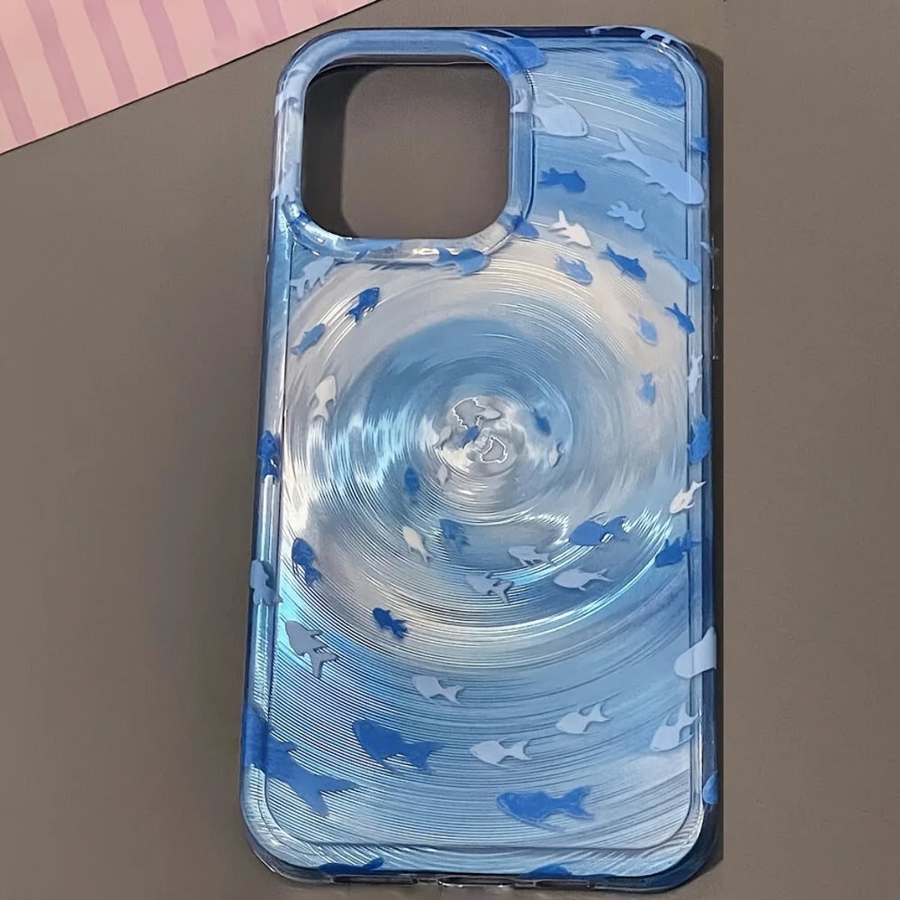 Transparent Blue Vortex Fish Water Ripple Pattern Case For iPhone 15 16 17 Pro Max 13 14 12 11 Glitter Cover With A Koi Pendant