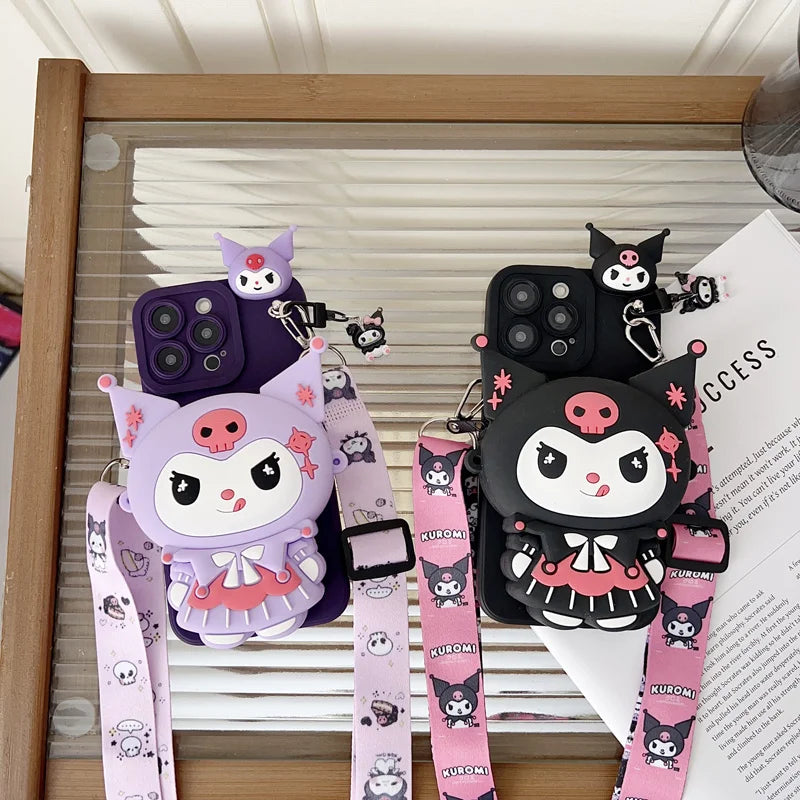 Sanrio Cartoon Kuromi Crossbody Strap Coin Wallet Case For iPhone 17 16 15 14 13 12 11 Pro Max Mini 6 7 8 Plus X XS Max SE Cvoer