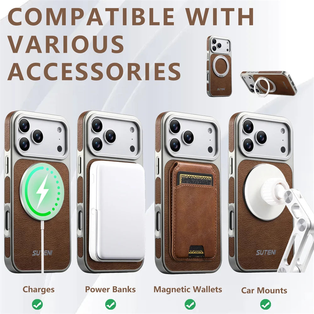 Rotating Magnet Ring Fold Stand Leather Magnetic Phone Case For Apple iPhone 17 16 15 14 13 Pro Max Silver Plating Armor Cover