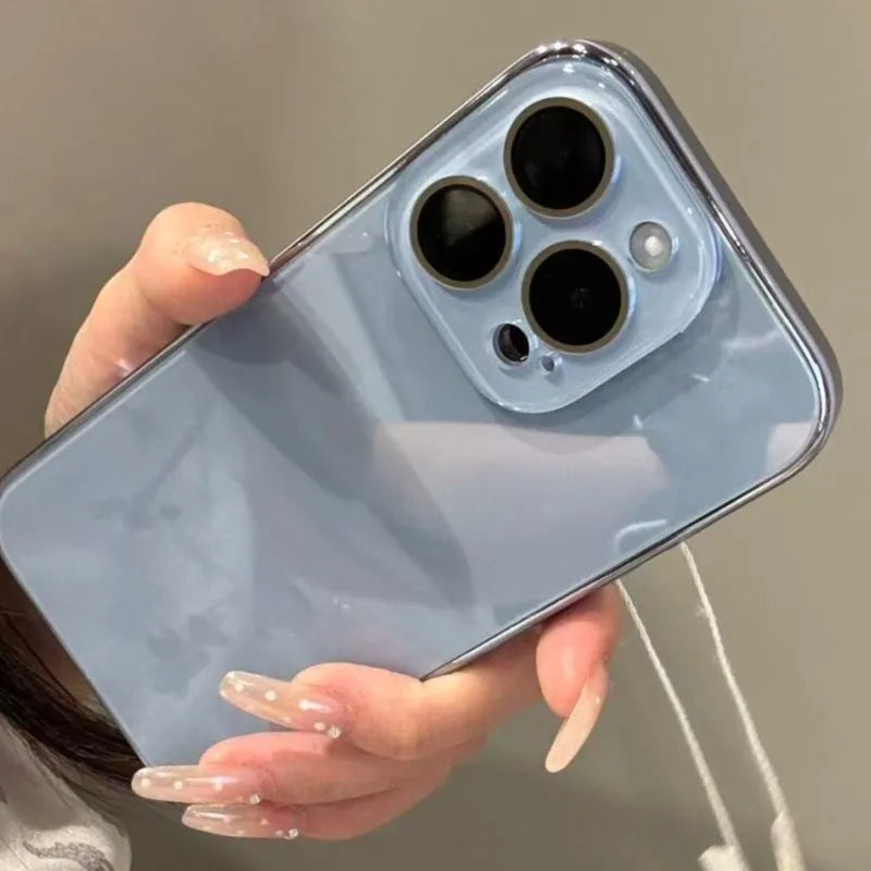 Luxury Tempered Glass Glossy Case for iPhone 17 16 15 Plus 14 13 12 Pro Max Plating Bumper Shockproof Hard Back Lens Cover Funda