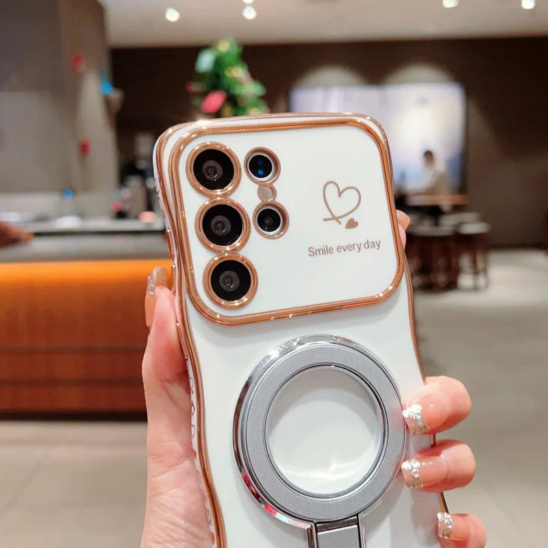 Wave Plating Side Love Heart Phone Case For Samsung Galaxy S26 S25 Ultra S24 S23 S22 A16 A55 Protect Lens Shockproof Back Cover