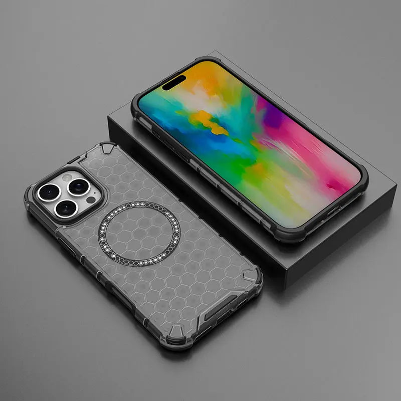 Magnetic Case for iPhone 16 15 14 13 12 11 Pro Max Plus Crystal Honeycomb Cover for Magsafe Shockproof Air-cushion Soft Shell