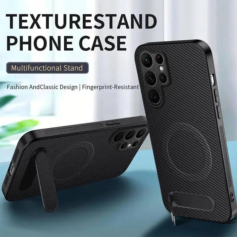 Carbon Fiber Magnetic Stand Case for Samsung Galaxy S26 Ultra S25 Edge S24 S23 S22 S21 S20 Ultra Plus S25 FE for Magsafe Cover