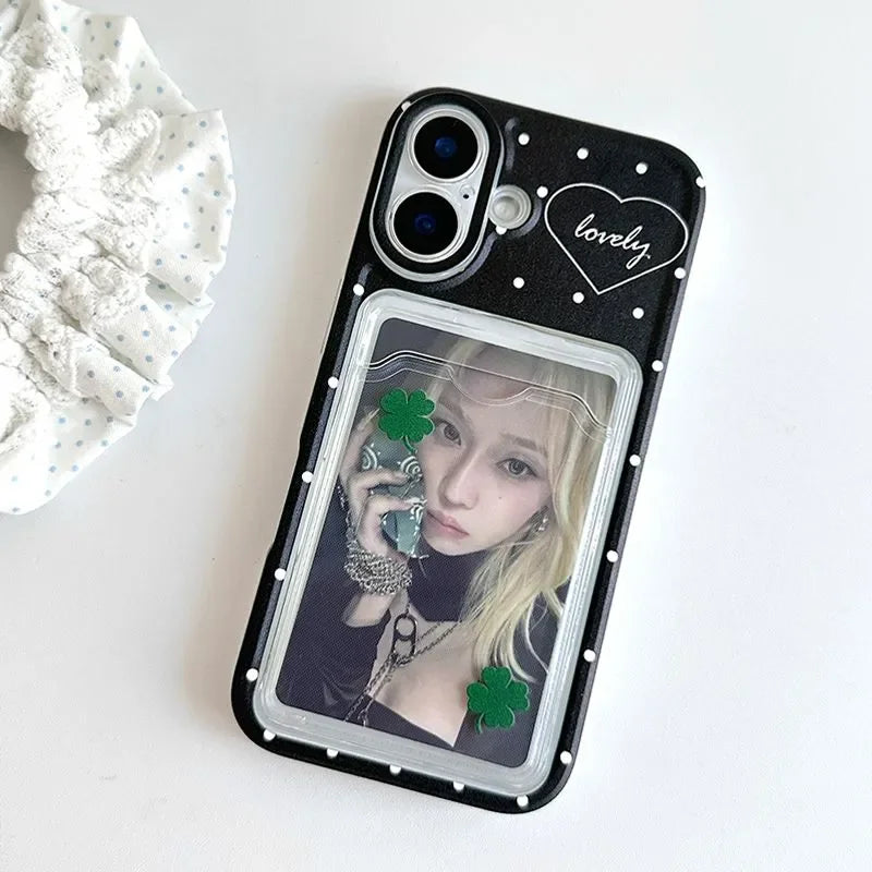 Korean ins Cute Polka Dot Cartoon Clover Card Set Phone Case For iPhone 17 AIR 16 15 14 13 12 11 Pro XR Max 7 8 Plus Y2K Cover ﻿